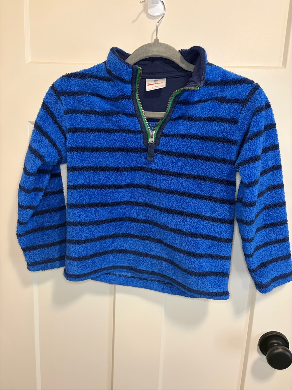 Hanna Andersson Boys' Blue Striped Fleece Quarter-Zip Pullover Size 120 (6-7)